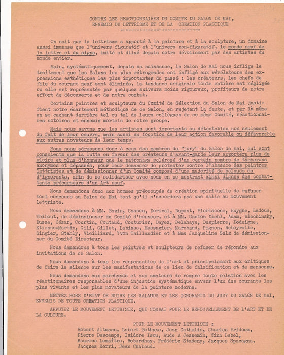 lettrisme tract Contre les réactionnaires du Salon de Mai Isidor Isou Lemaître