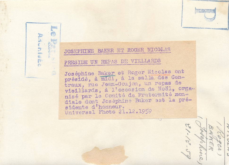 1959 Josephine Baker Roger Nicolas dîner vieillards Comité Fraternité photo