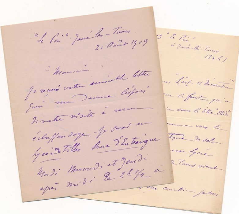 François Sicard 2 lettre autographe sculpture Lycée Filles Tours Entraigues