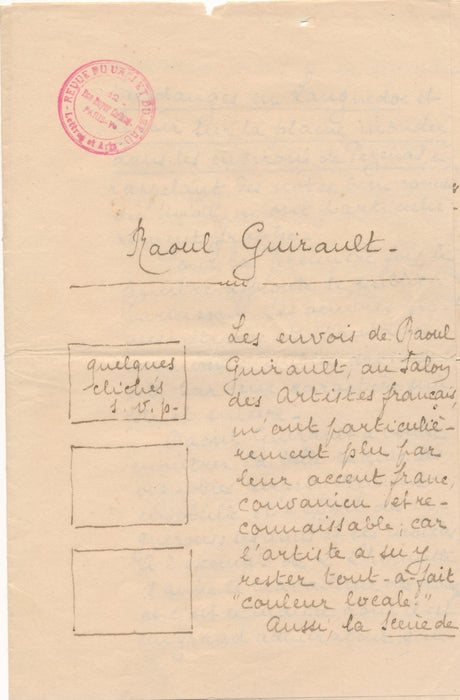 critique Raymond Selig peintre Raoul Guiraud lettre autographe signée Béziers