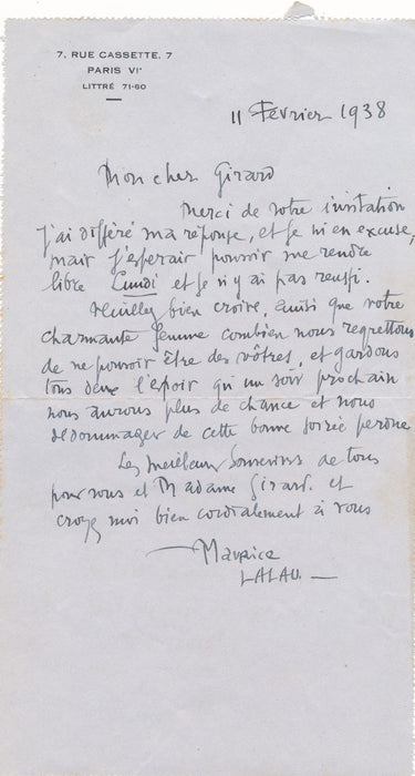 peintre Maurice Lalau 2 lettres 1 carte autographe signée des invitations
