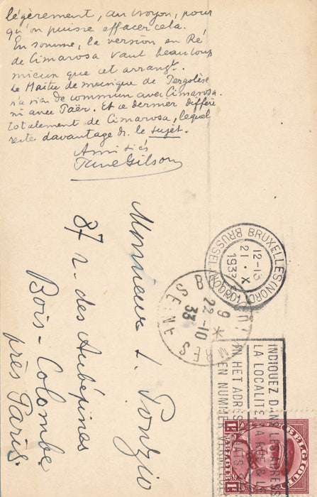 musicien Paul Gilson correspondance 2 lettres 2 cartes à Léon Ponzio baryton