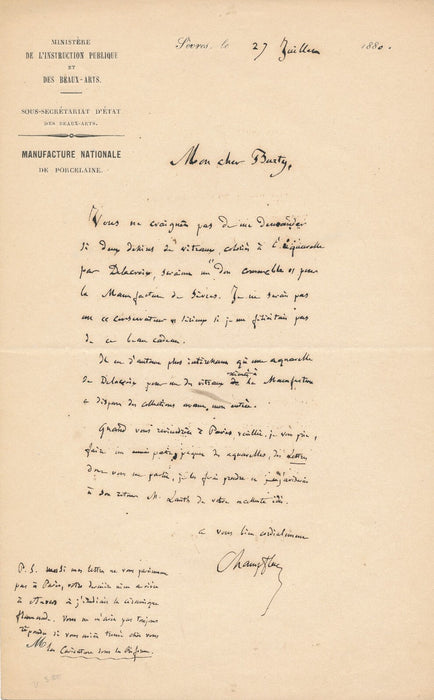 CHAMPFLEURY lettre autographe signée dessin vitraux Delacroix