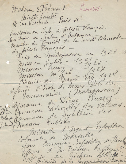 colonie Suzanne Frémont peintre biographie manuscrit autographe Madagascar