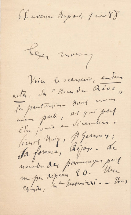 Félicien Champsaur envoie Noces de rêve lettre autographe signée Réjane