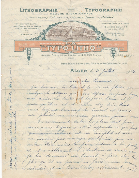 Imprimerie Typo-Litho  lithographie typographie Alger 1924 bel en-tête