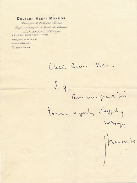 Henri Mondor 1 lettre autographe signée Jeannette Graux et 4 billets à Vera Bour