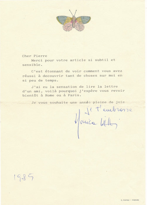 RARE Monica Vitti lettre signée et je t'embrasse autographe actrice italienne