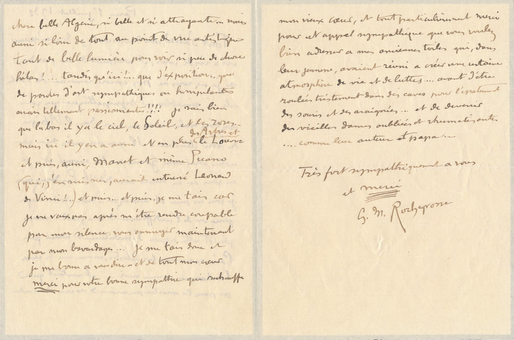 Georges-Antoine ROCHEGROSSE belle lettre autographe signée sur Paris et Algérie