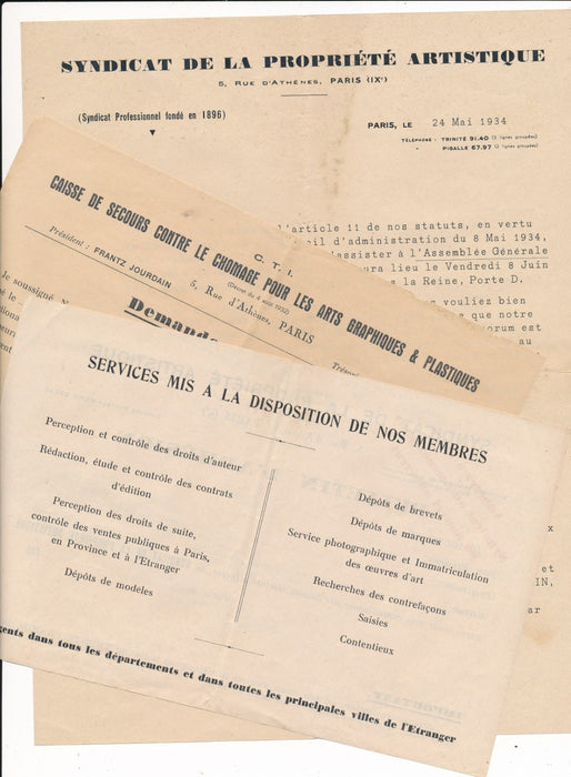 Syndicat de la propriété artistique 2 documents 1934 bulletin convocation