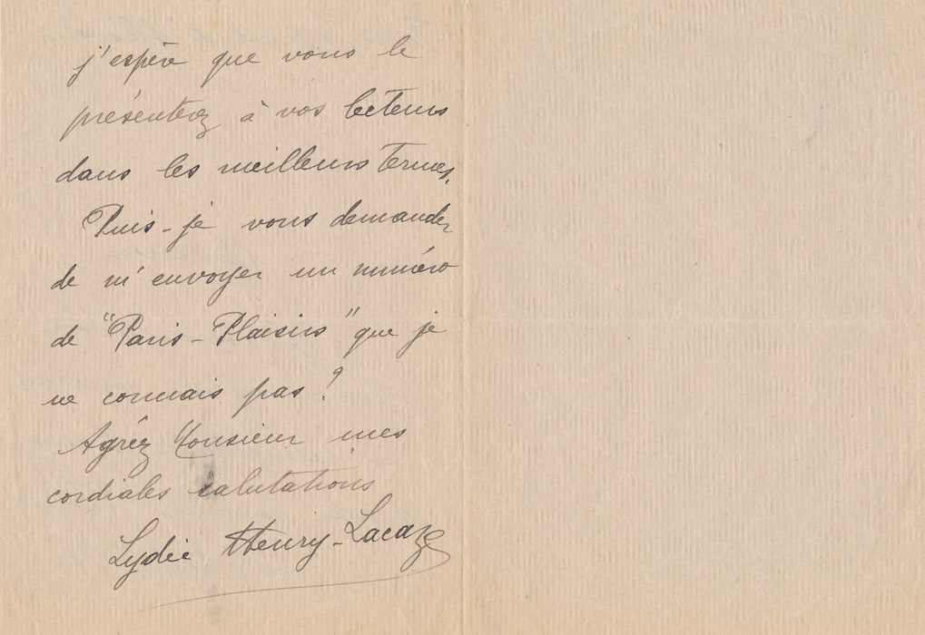 Lydie Henry Lacaze romancière Tu ne tromperas.. plus lettre autographe signée