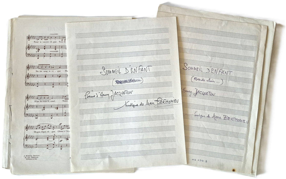 Marc Berthomieu poème Henry  Jacqueton 3 partitions musique manuscrites
