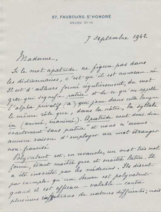 écrivain Abel Hermant lettre autographe signée étyologie apatride
