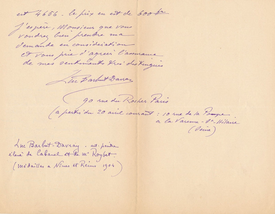 Luc Barbut Davray fait acheter une peinture Société amis arts lettre autographe
