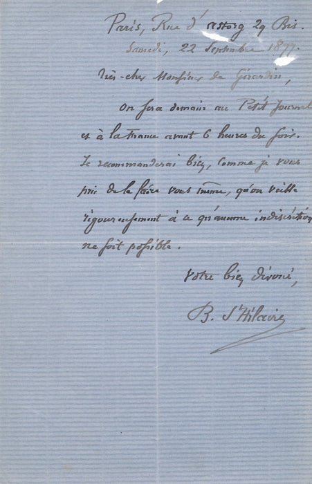 Jules Barthelemy Saint-Hilaire Marc de Girardin lettre autographe signée réunion