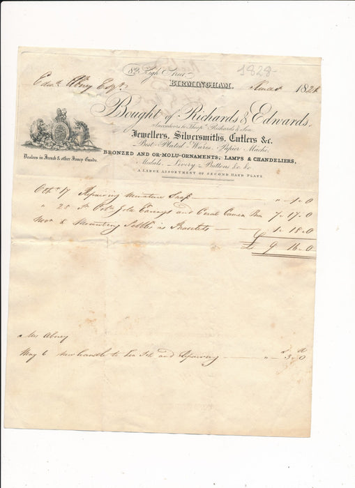 Richards et Edwards Barmingham  orfèvres fabricants boutons 2 factures 1828 1829