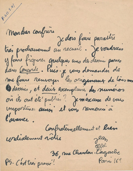 Jean Effel récupère des originaux lettre autographe signée