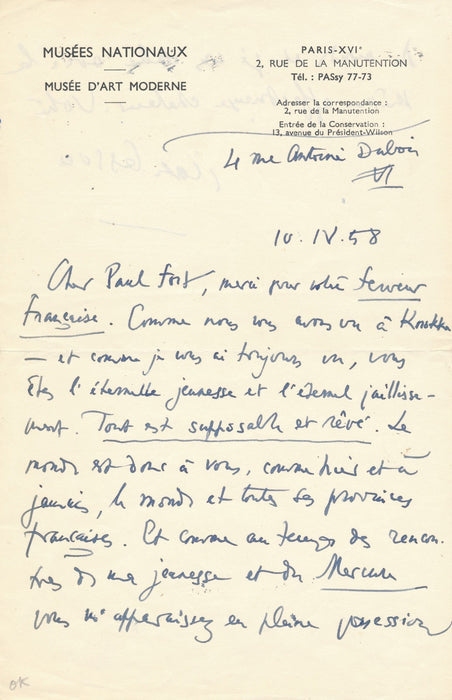 Art Jean Cassou lettre autographe signée au poète Paul Fort éternelle jeunesse