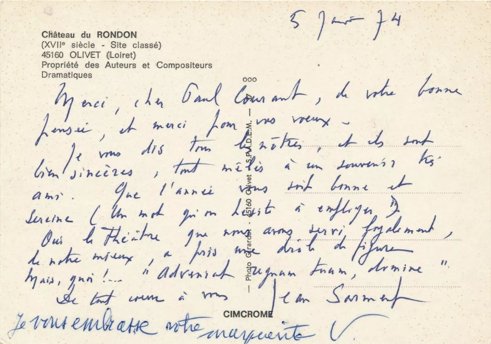 Jean SARMENT 5 lettre autographe et CPAS bel ensemble sur le théâtre
