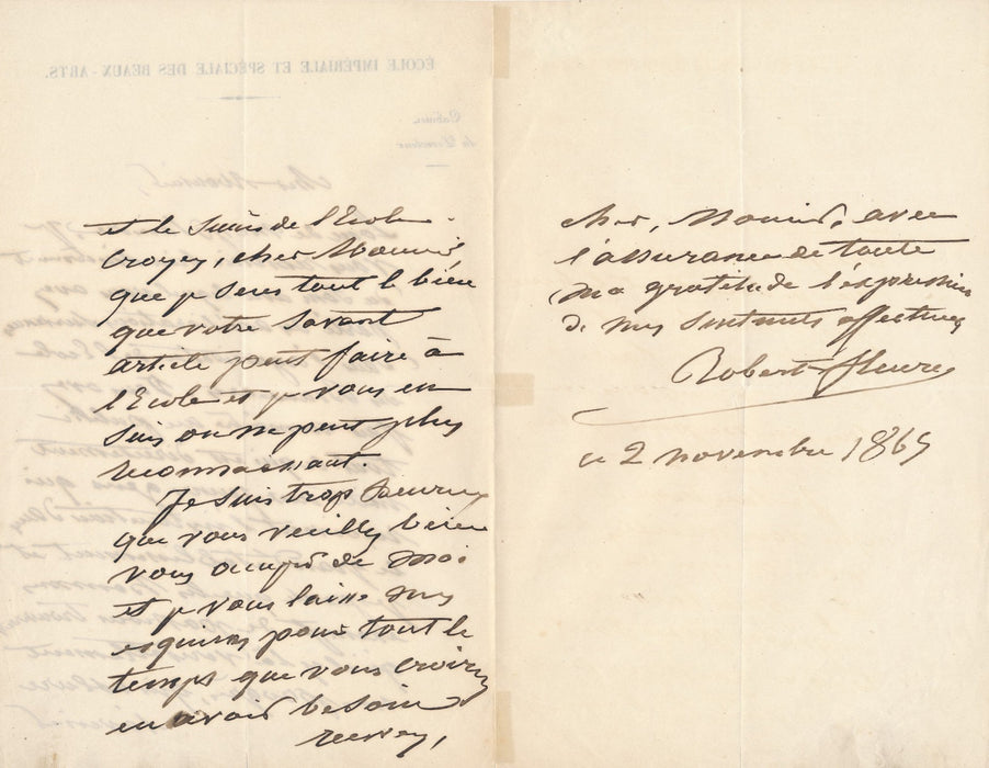 Joseph Nicolas ROBERT-FLEURY sur école des beaux-arts belle lettre autographe