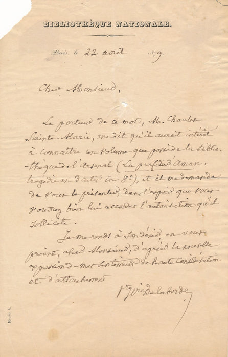 Henri Delaborde demande consultation livre La Perfidie Aman lettre autographe