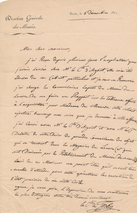 Auguste de Forbin lettre autographe signée Argout Villeneuve acquisition Louvre