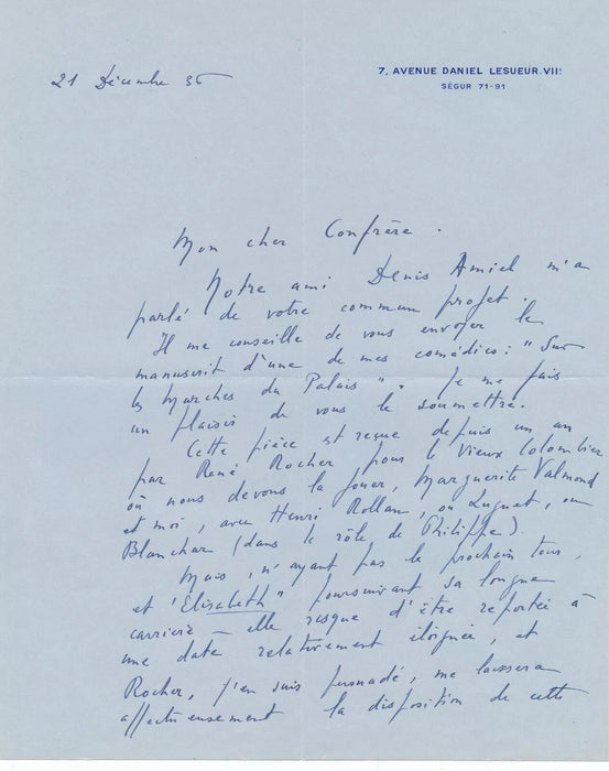 Jean SARMENT 5 lettre autographe et CPAS bel ensemble sur le théâtre
