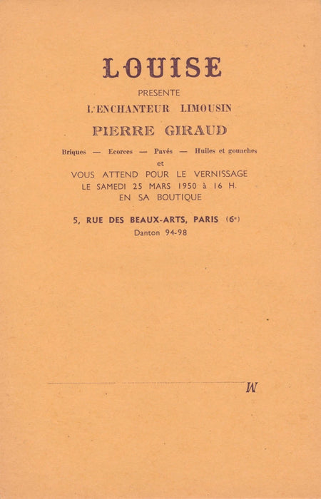 Pierre Giraud Galerie Louise art brut art naïf Feuillet invitation 1950