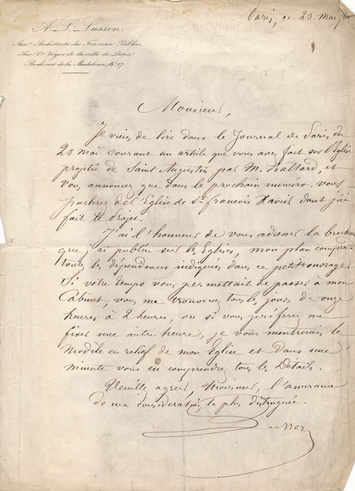 Adrien-Louis LUSSON sur les églises parisiennes 2 lettres autographes signées