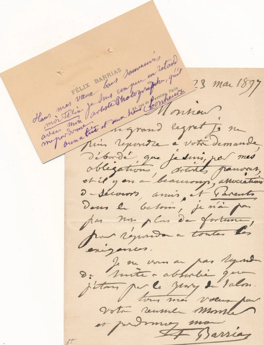 Félix-Joseph Barrias lettre autographe signée et carte visite artiste pauvre !