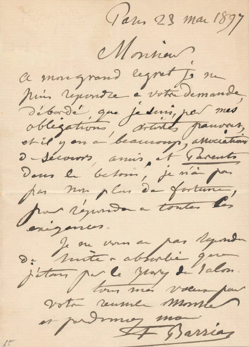 Félix-Joseph Barrias lettre autographe signée et carte visite artiste pauvre !