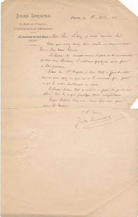 Jules Lermina 4 lettres autographes à Alexis Lebey libre penseur anarchisme