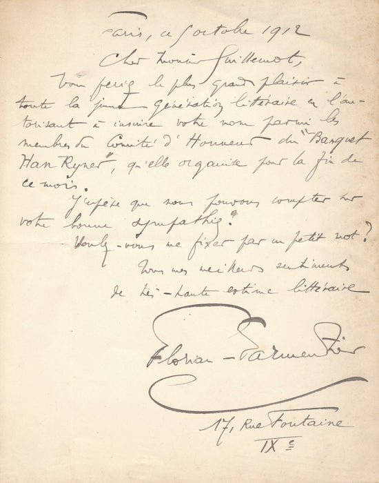 Florian-Parmentier à Maurice Guillemot un banquet pour Han Ryner lettre