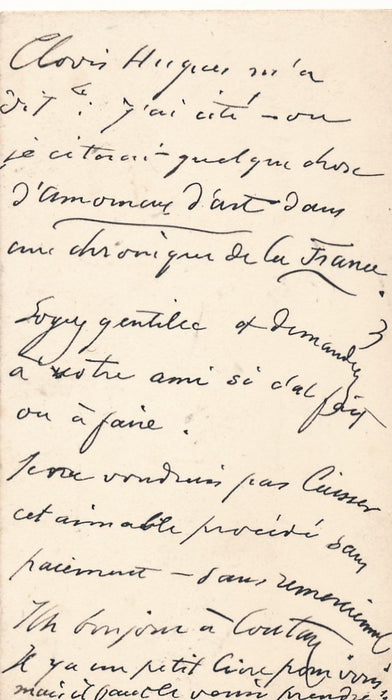 Jean Dolent Clovis Hughes carte autographe Amoureux d art Coutan sculpteur
