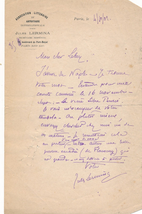 Jules Lermina 4 lettres autographes à Alexis Lebey libre penseur anarchisme