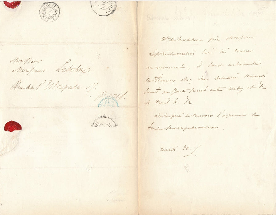 Russe Sofia Sophie Swetchine veut rencontrer M. Lesobre lettre autographe Russie
