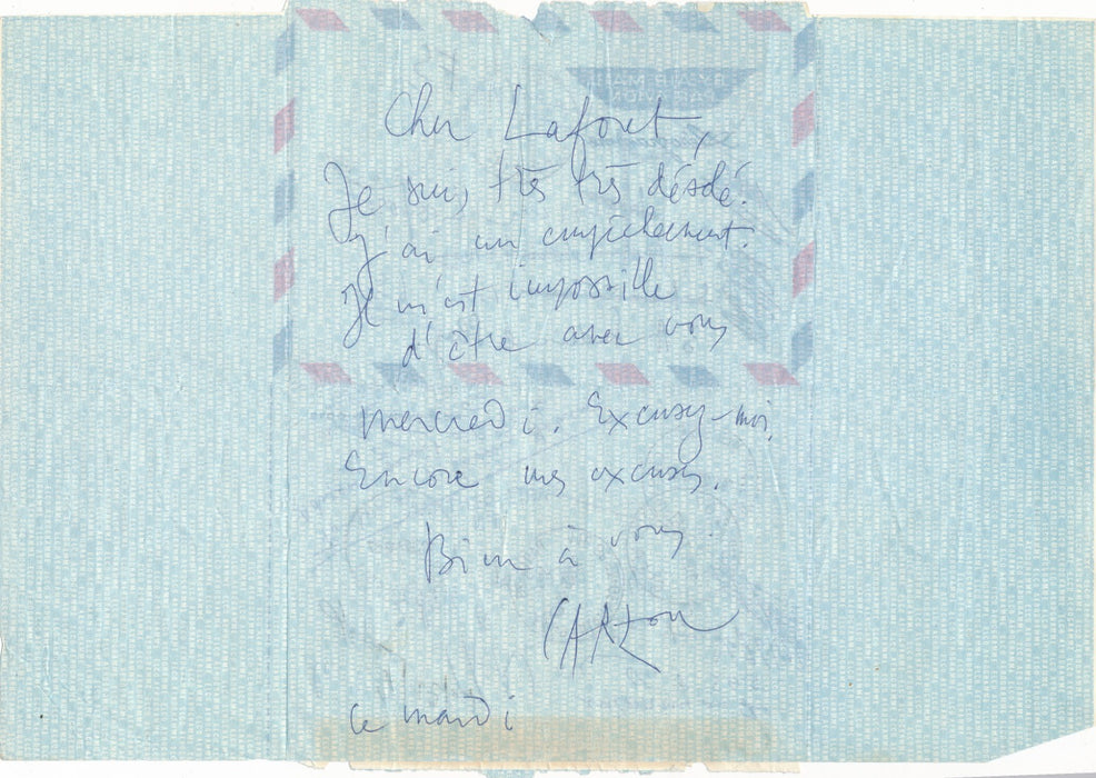 Jean Carzou billet autographe signé ne peut venur aérogramme
