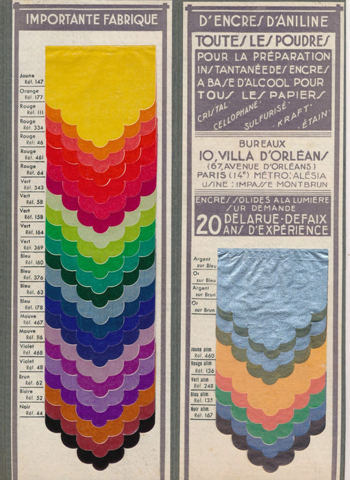 Encres aniline papier Colorant  fabrique Delarue Defaix nuancier v. 1930