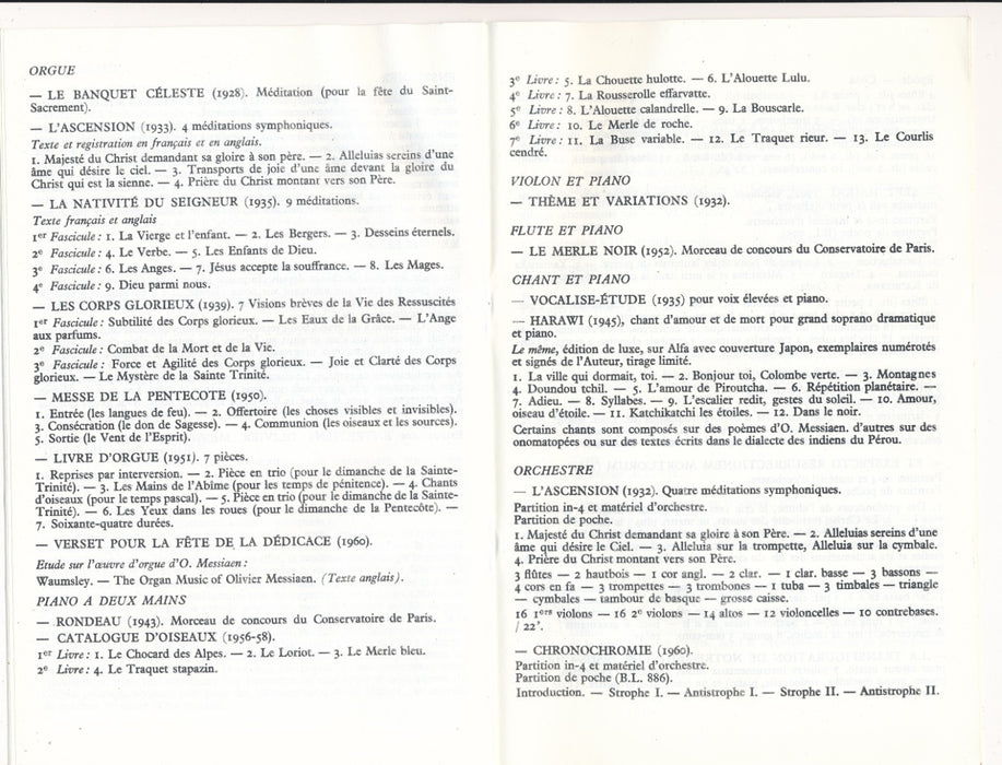 Olivier Messiaen plaquette présentation texte sans date Éditions musicales