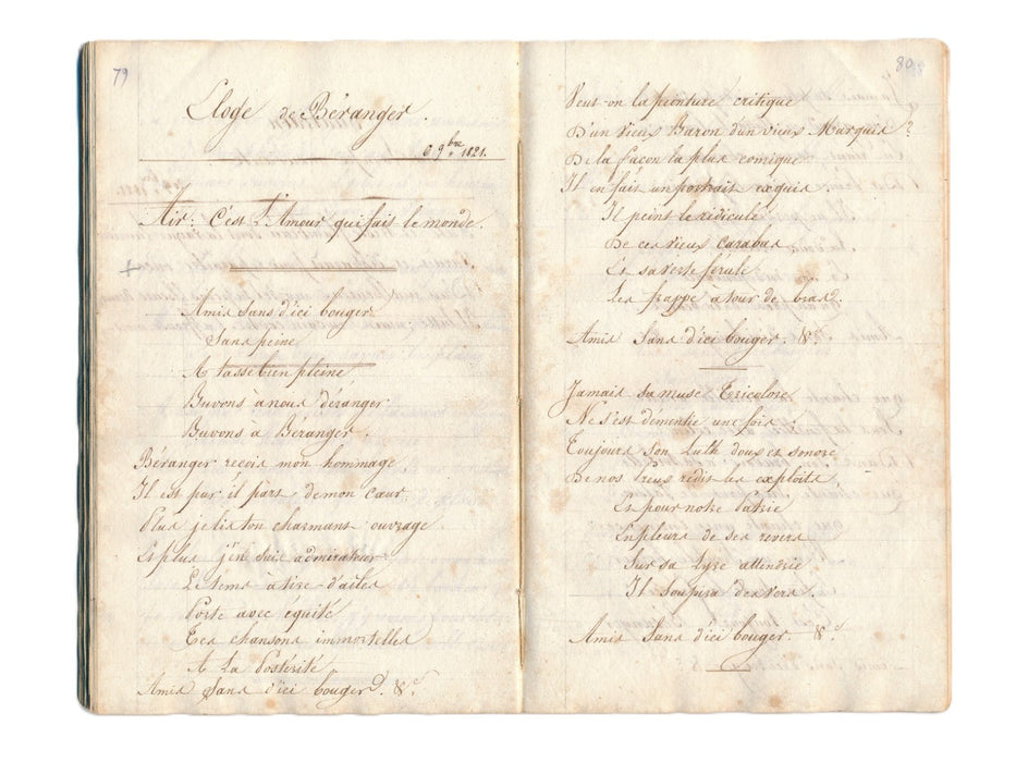 ANONYME Mes loisirs carnet 50 chansons  1818 manuscrit Béranger