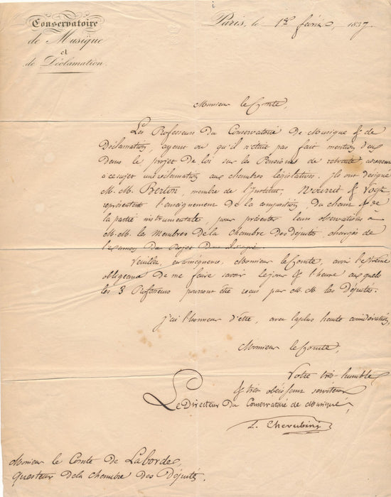 Luigi CHERUBINI lettre signée au comte Alexandre de LABORDE pension retraite