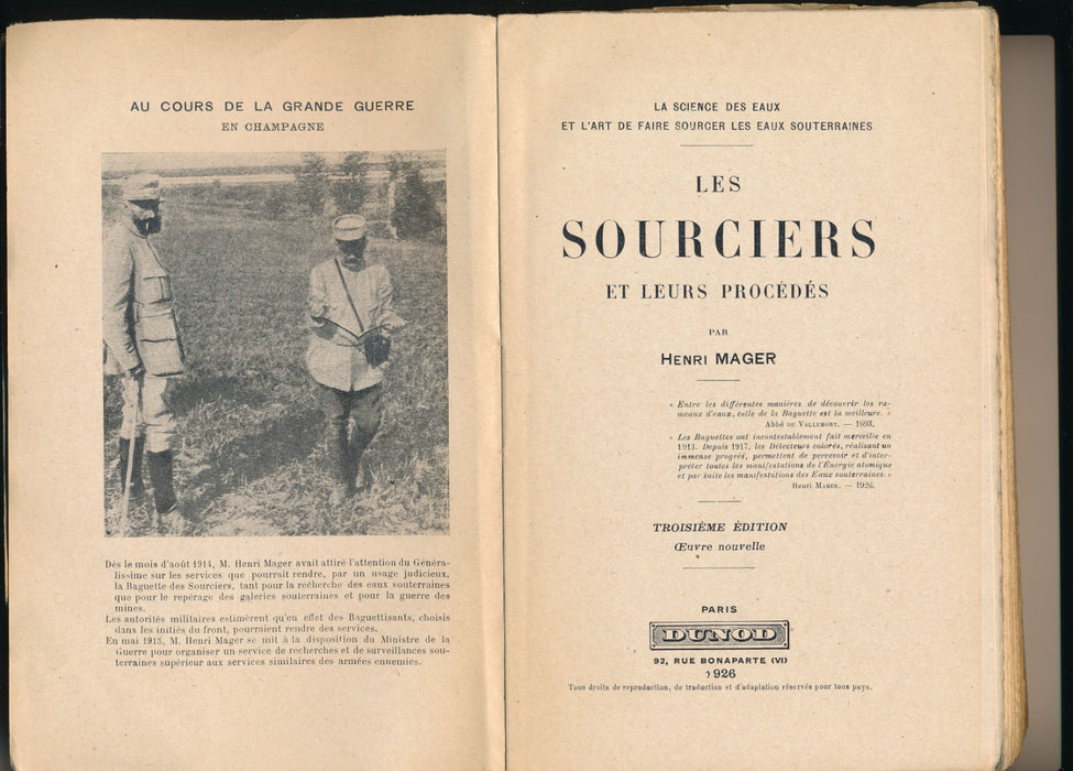 Henri Mager Les sourciers et leurs procédés 1926 3e édition Dunod 1926
