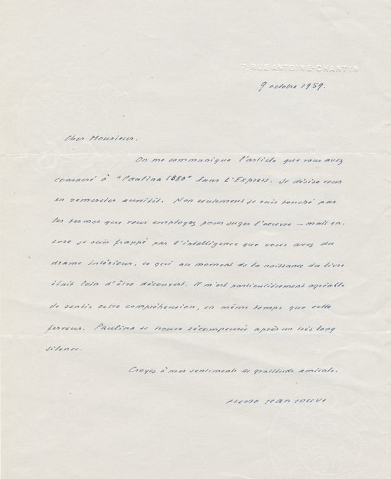 Pierre Jean Jouve 3 lettres autographe signées critique livre