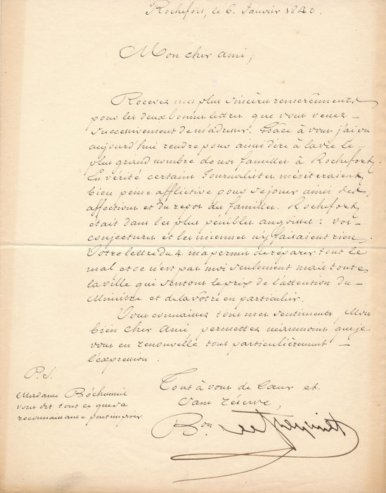 de Freycinet rend la vie à Rochefort ! lettre signée 1840