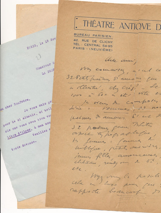 3 lettres Paul Reboux dont 1 belke autographe signées sur Les éd. poèmes d'amour