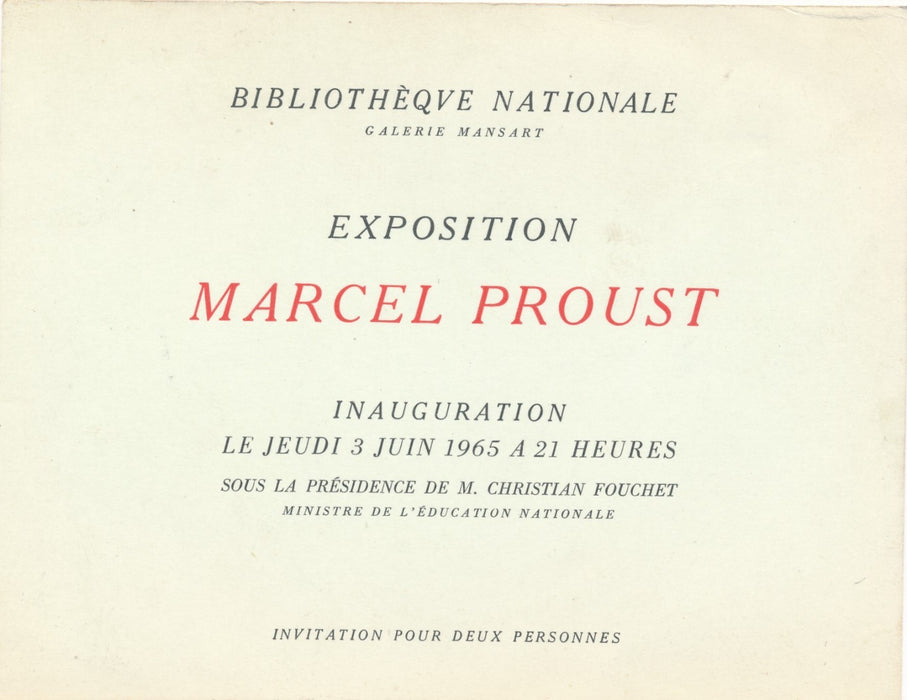 Carton invitation exposition Marcel Proust 1965