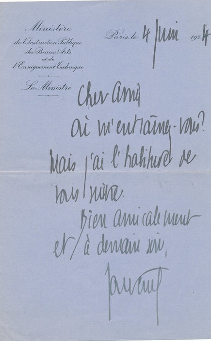 Henry de Jouvenel où m’entraînez-vous ? lettre autographe signée