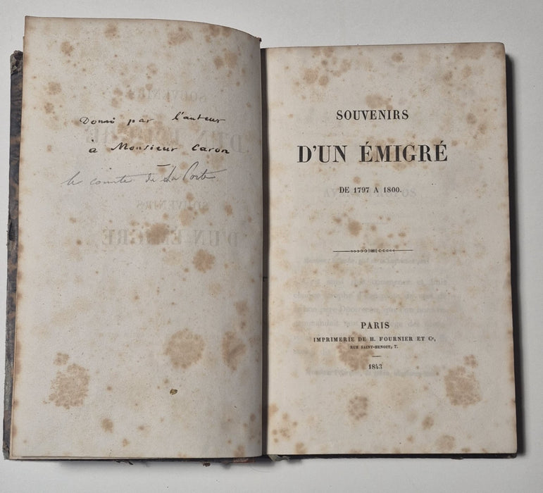H. de La Porte Souvenirs d un emigre  1797 à 1800 édition 1843 envoi autographe