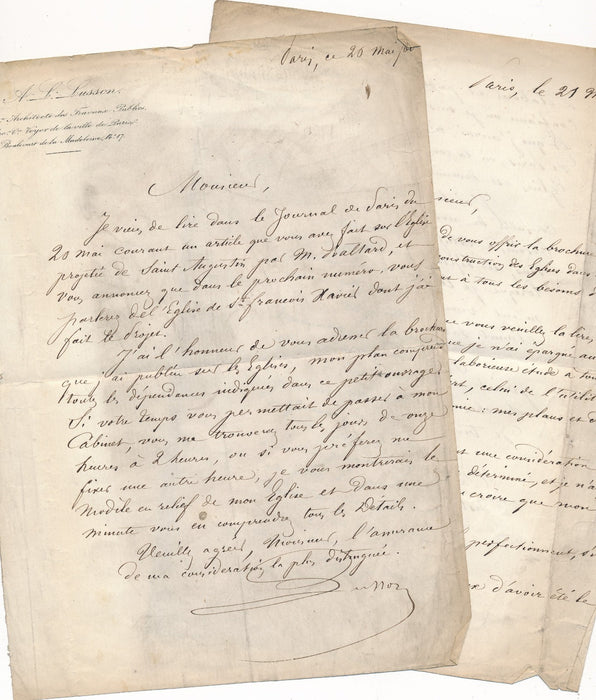 Adrien-Louis LUSSON sur les églises parisiennes 2 lettres autographes signées