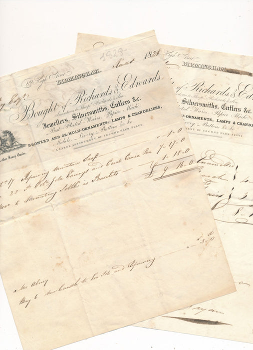 Richards et Edwards Barmingham  orfèvres fabricants boutons 2 factures 1828 1829